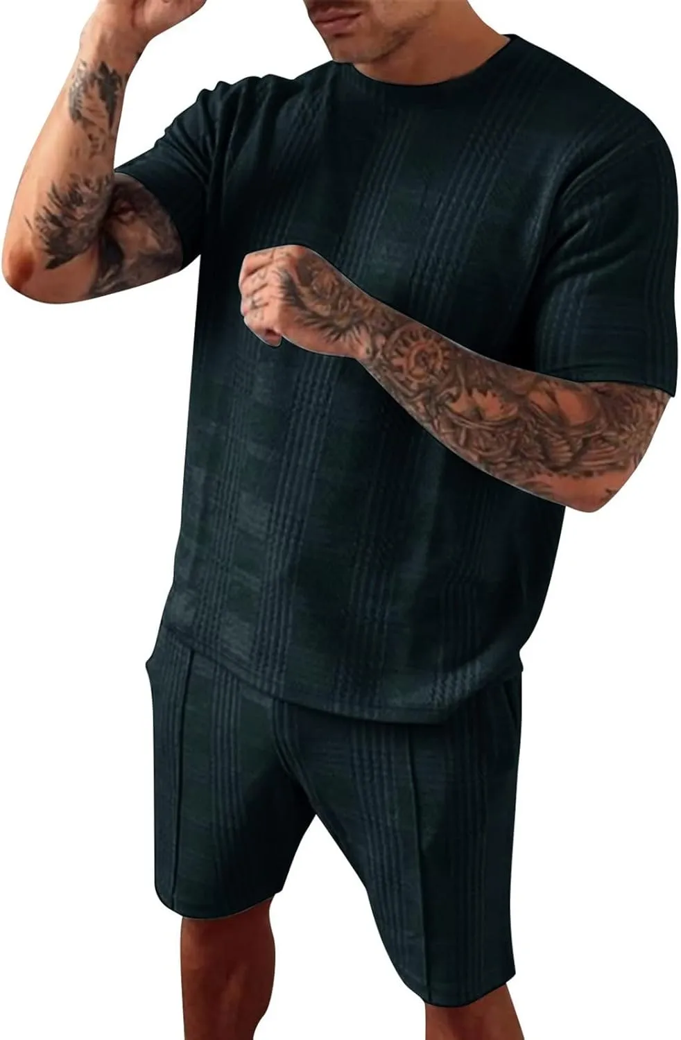 Men's 2 Piece Summer Tracksuit Set Solid Color Short Sleeve T-Shirt Athletic Shorts Casual Sportswear Outfits with Pockets