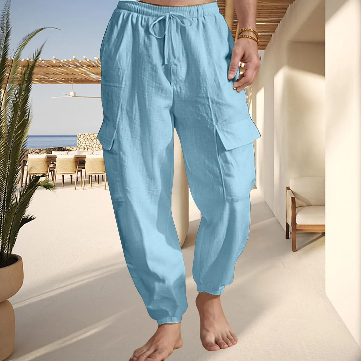 Mens Baggy Cargo Pants Casual Elastic Waist Cotton Linen Harem Pants Summer Beach Yoga Long Trousers Multi Pockets