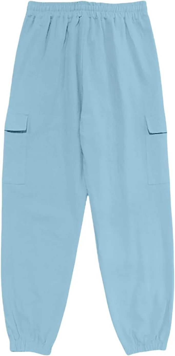 Mens Baggy Cargo Pants Casual Elastic Waist Cotton Linen Harem Pants Summer Beach Yoga Long Trousers Multi Pockets