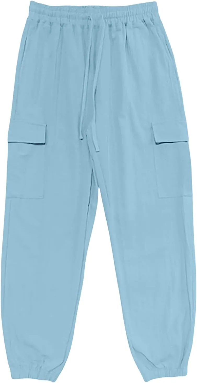 Mens Baggy Cargo Pants Casual Elastic Waist Cotton Linen Harem Pants Summer Beach Yoga Long Trousers Multi Pockets