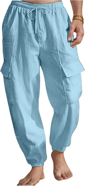 Mens Baggy Cargo Pants Casual Elastic Waist Cotton Linen Harem Pants Summer Beach Yoga Long Trousers Multi Pockets