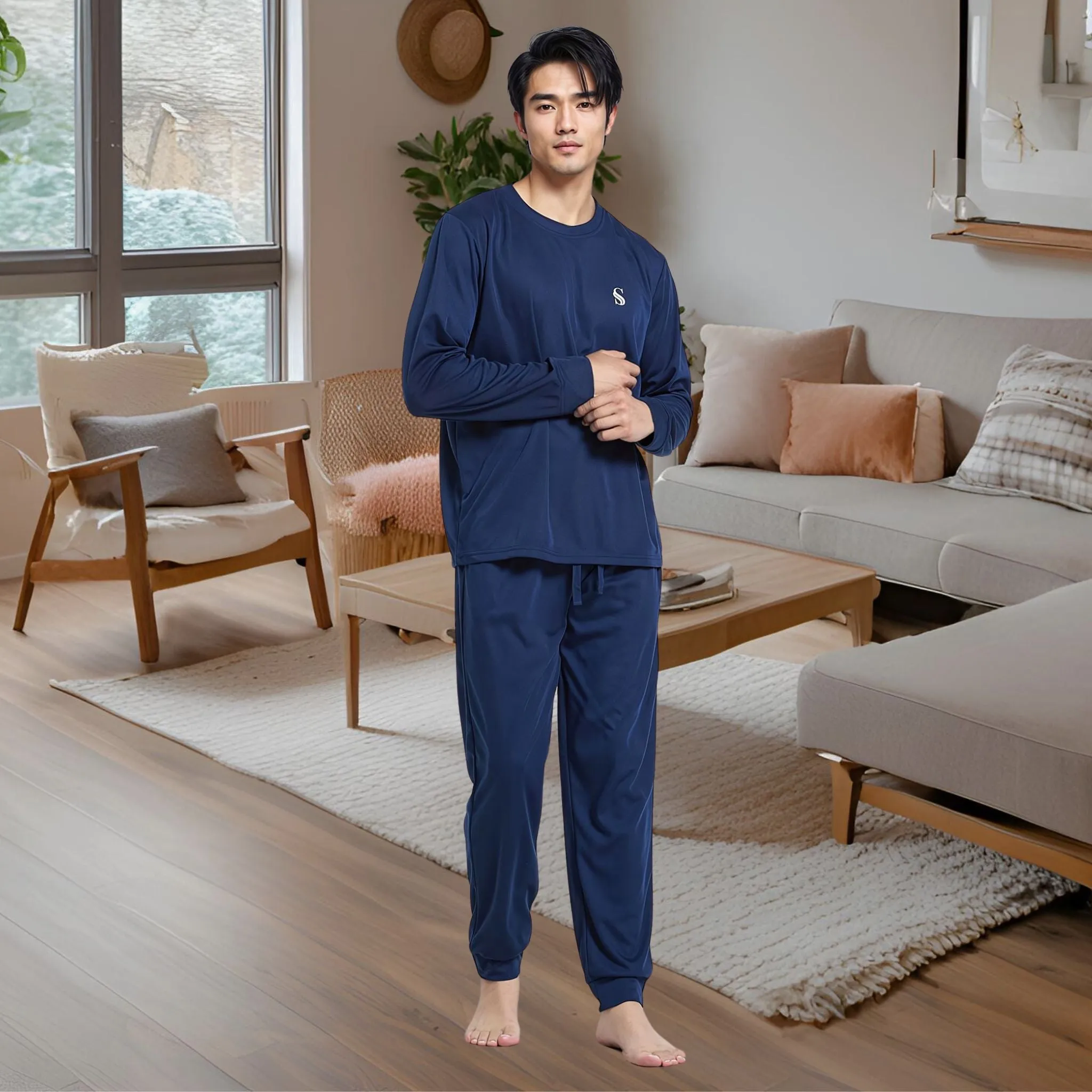 Men's Brushed Navy Pyjama Set, Jogger Style Luxury Loungewear
