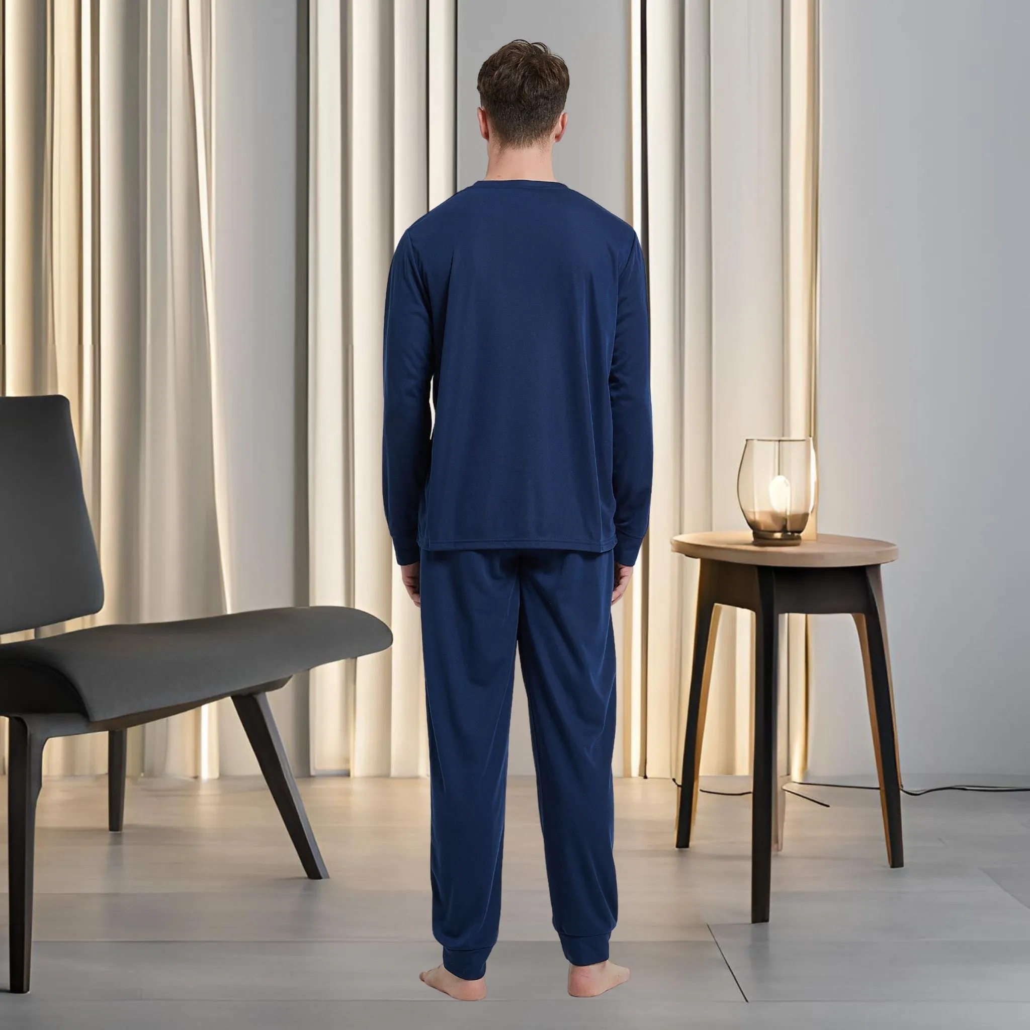 Men's Brushed Navy Pyjama Set, Jogger Style Luxury Loungewear