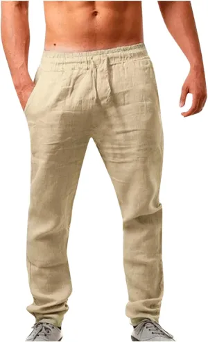 Mens Casual Cotton Linen Pants Elastic Waist Lightweight Loose Fit Summer Cotton Beach Yoga Trousers