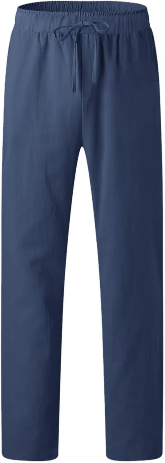 Mens Casual Cotton Linen Pants Elastic Waist Lightweight Loose Fit Summer Cotton Beach Yoga Trousers
