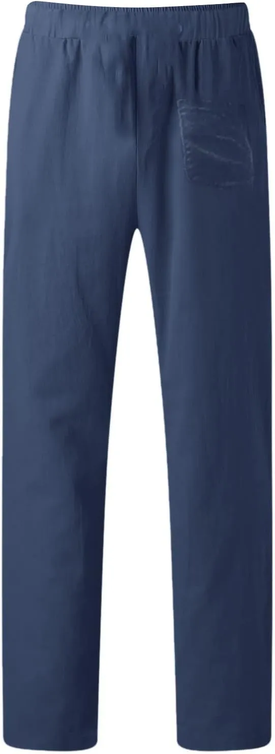 Mens Casual Cotton Linen Pants Elastic Waist Lightweight Loose Fit Summer Cotton Beach Yoga Trousers