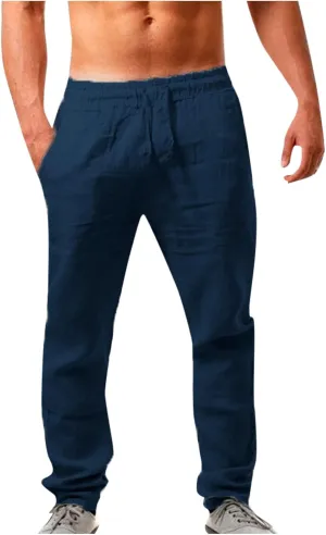 Mens Casual Cotton Linen Pants Elastic Waist Lightweight Loose Fit Summer Cotton Beach Yoga Trousers