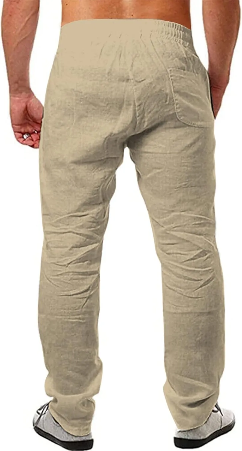 Mens Casual Cotton Linen Pants Elastic Waist Lightweight Loose Fit Summer Cotton Beach Yoga Trousers