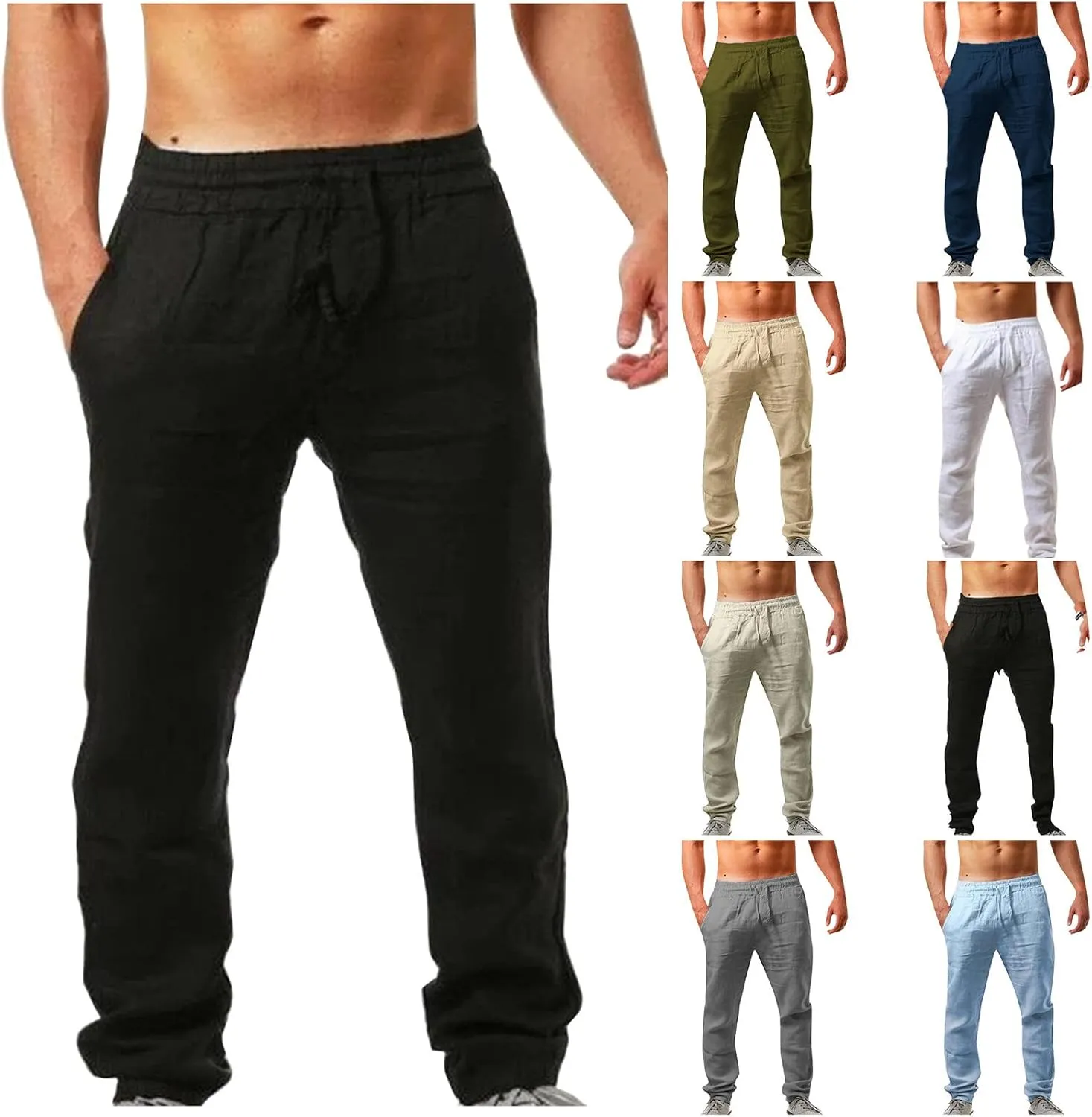 Mens Casual Cotton Linen Pants Elastic Waist Lightweight Loose Fit Summer Cotton Beach Yoga Trousers