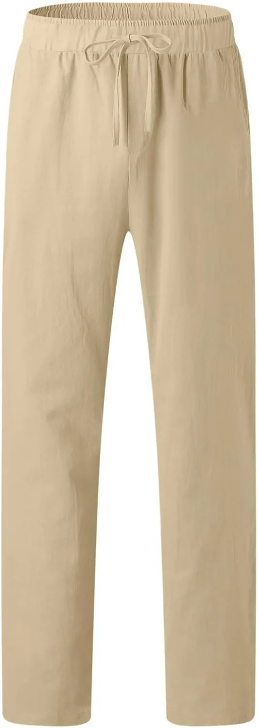 Mens Casual Cotton Linen Pants Elastic Waist Lightweight Loose Fit Summer Cotton Beach Yoga Trousers