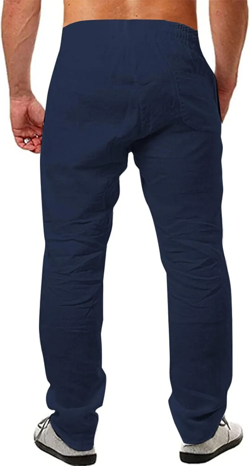 Mens Casual Cotton Linen Pants Elastic Waist Lightweight Loose Fit Summer Cotton Beach Yoga Trousers