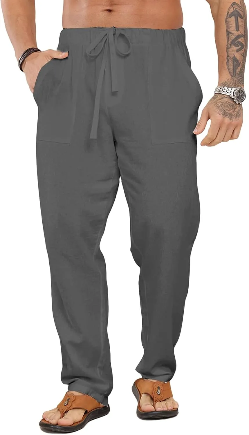 Mens Casual Cotton Linen Pants Elastic Waist Trousers Yoga Drawstring Straight Legs Pant Loose Lightweight Trousers