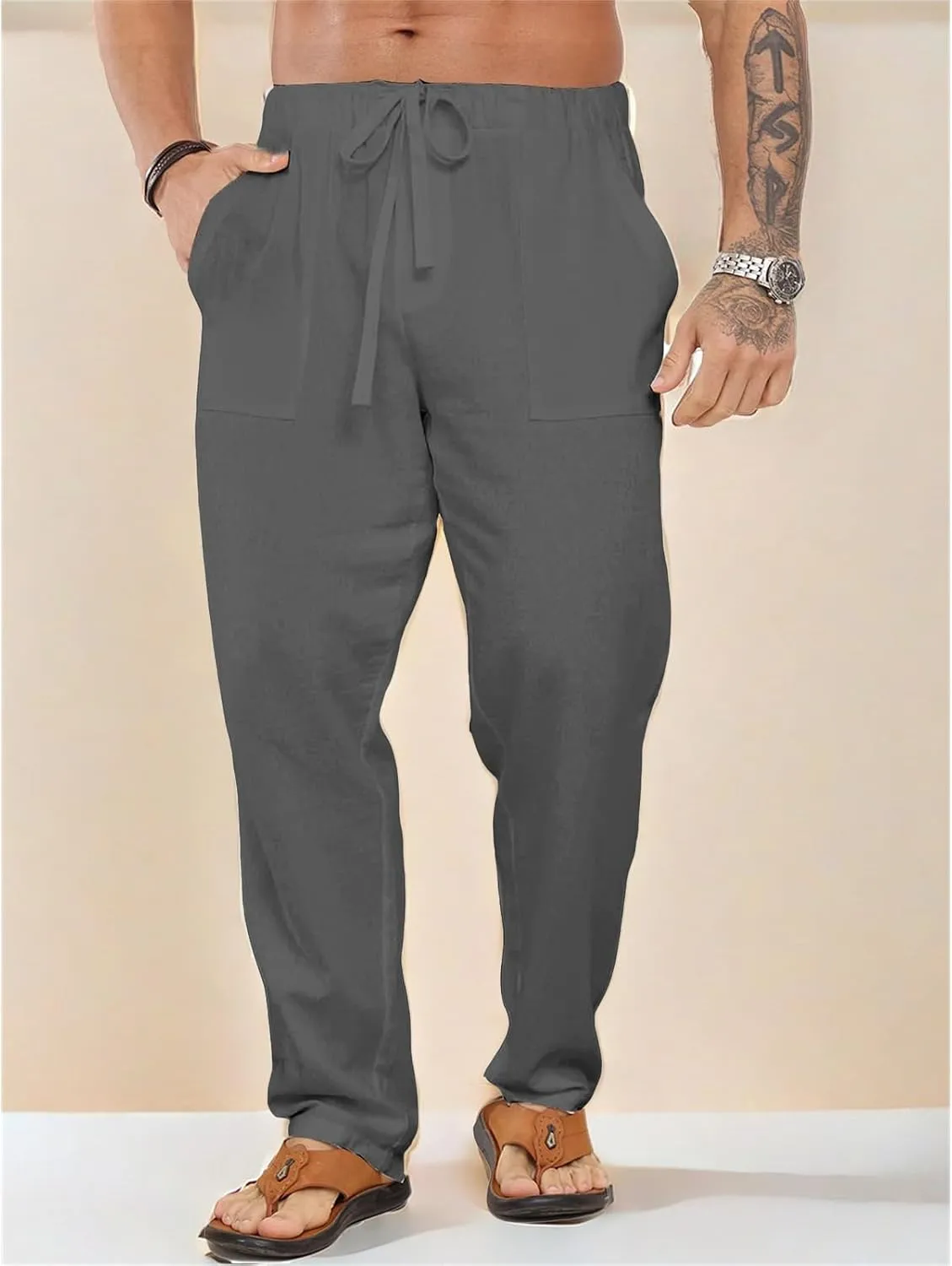 Mens Casual Cotton Linen Pants Elastic Waist Trousers Yoga Drawstring Straight Legs Pant Loose Lightweight Trousers
