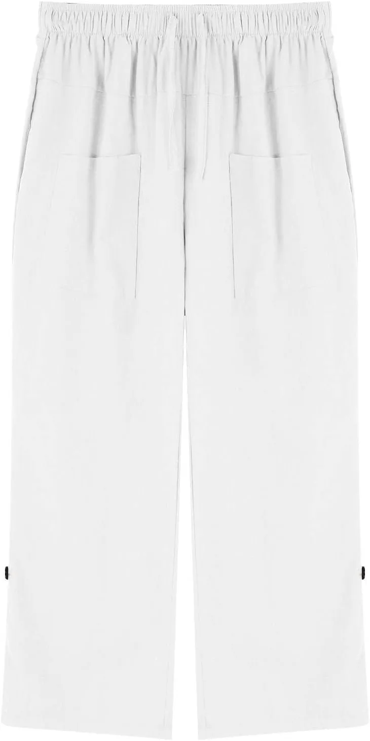 Mens Casual Linen Drawstring Pants Straight Leg Elastic Waist Lightweight Pant Summer Beach Yoga Trouser with Pockets