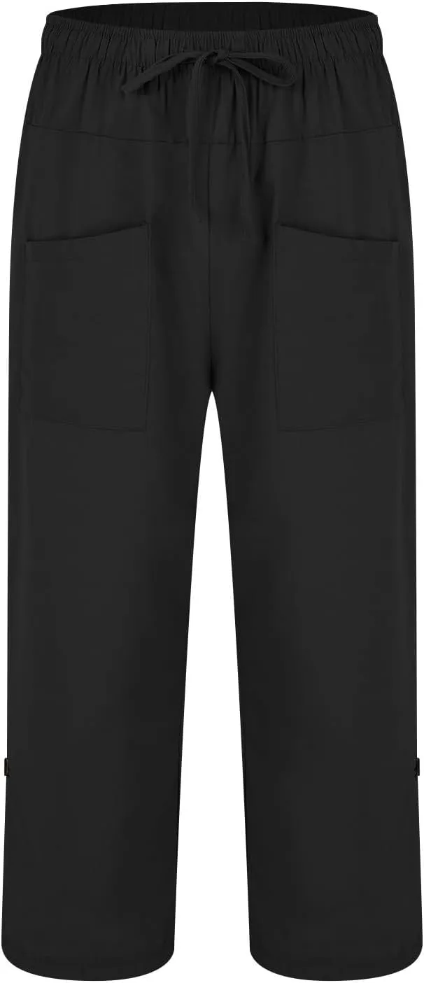 Mens Casual Linen Drawstring Pants Straight Leg Elastic Waist Lightweight Pant Summer Beach Yoga Trouser with Pockets