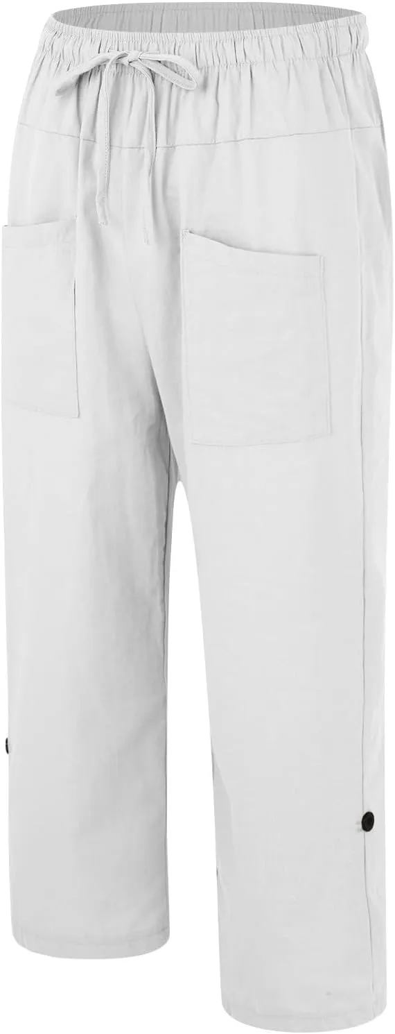 Mens Casual Linen Drawstring Pants Straight Leg Elastic Waist Lightweight Pant Summer Beach Yoga Trouser with Pockets