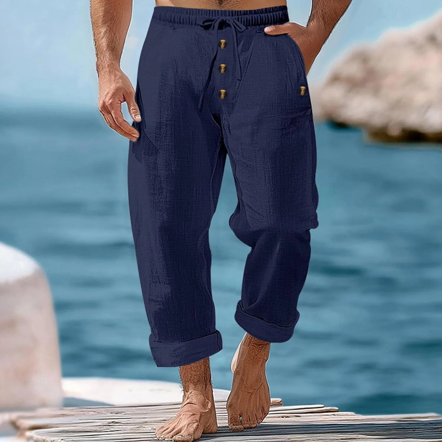Mens Casual Linen Pants Drawstring Button Flat Front Elastic Waist Straight Summer Lightweight Comfy Beach Pants