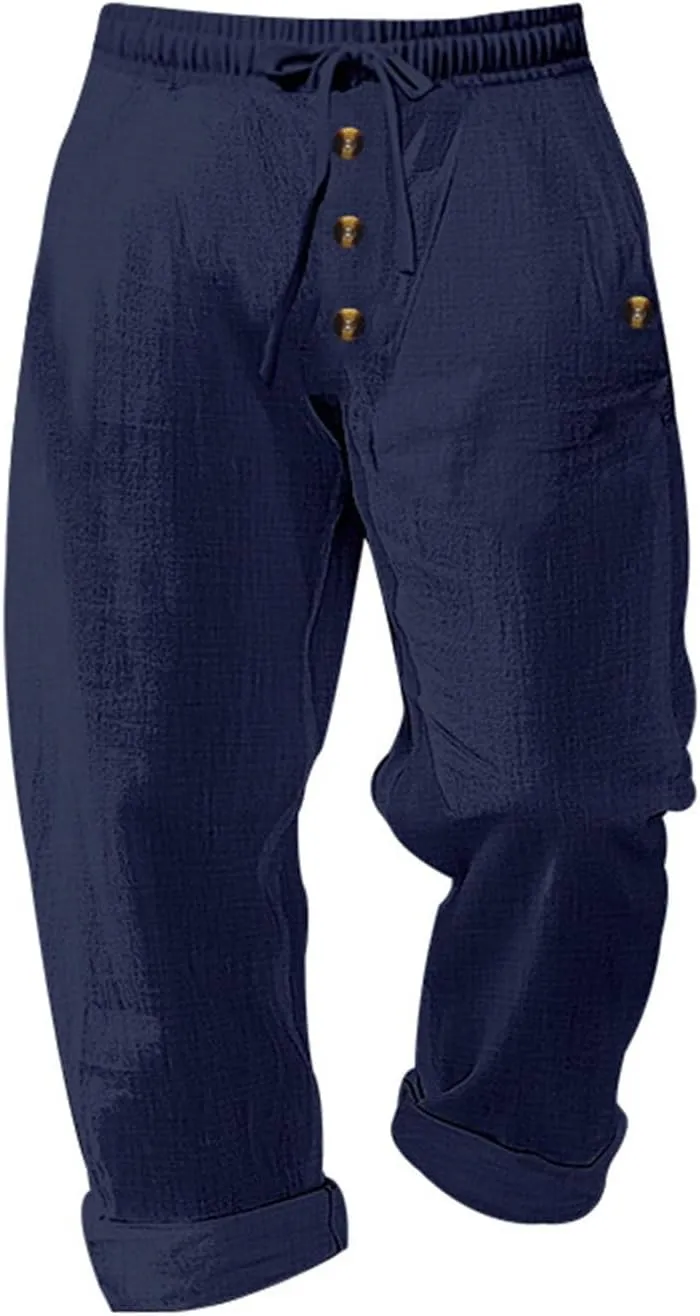 Mens Casual Linen Pants Drawstring Button Flat Front Elastic Waist Straight Summer Lightweight Comfy Beach Pants