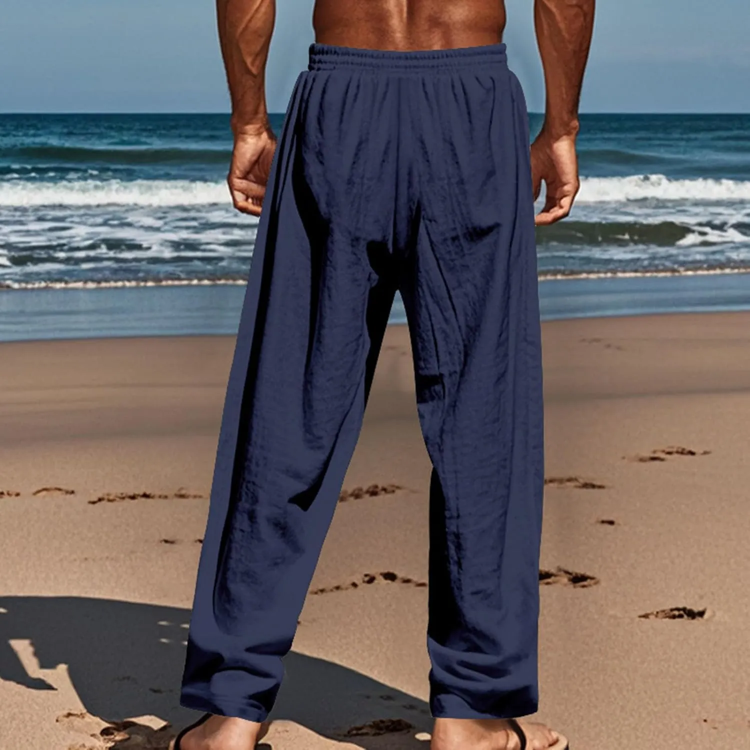 Mens Casual Linen Pants Drawstring Button Flat Front Elastic Waist Straight Summer Lightweight Comfy Beach Pants