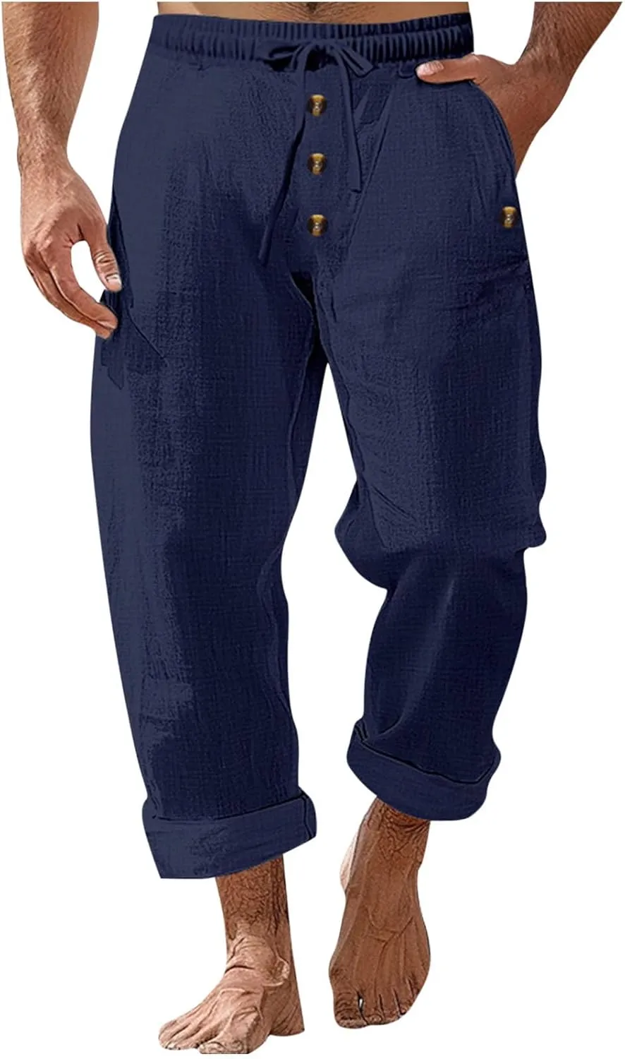 Mens Casual Linen Pants Drawstring Button Flat Front Elastic Waist Straight Summer Lightweight Comfy Beach Pants