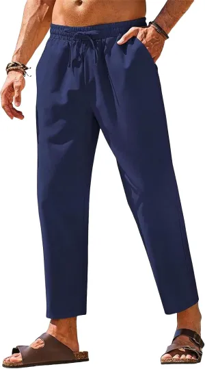 Men's Cotton Linen Beach Pants Casual Drawstring Elastic Waist Summer Fashion Lightweight Yoga Trousers with Pocket