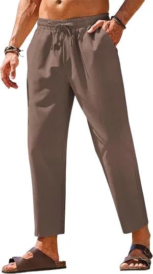 Men's Cotton Linen Beach Pants Casual Drawstring Elastic Waist Summer Fashion Lightweight Yoga Trousers with Pocket