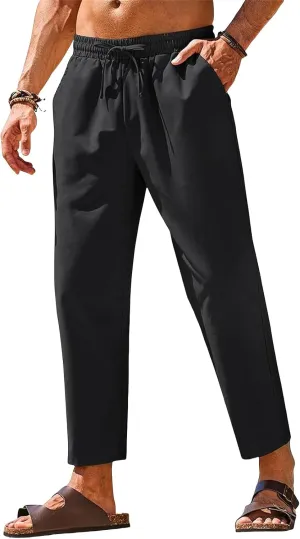 Men's Cotton Linen Beach Pants Casual Drawstring Elastic Waist Summer Fashion Lightweight Yoga Trousers with Pocket