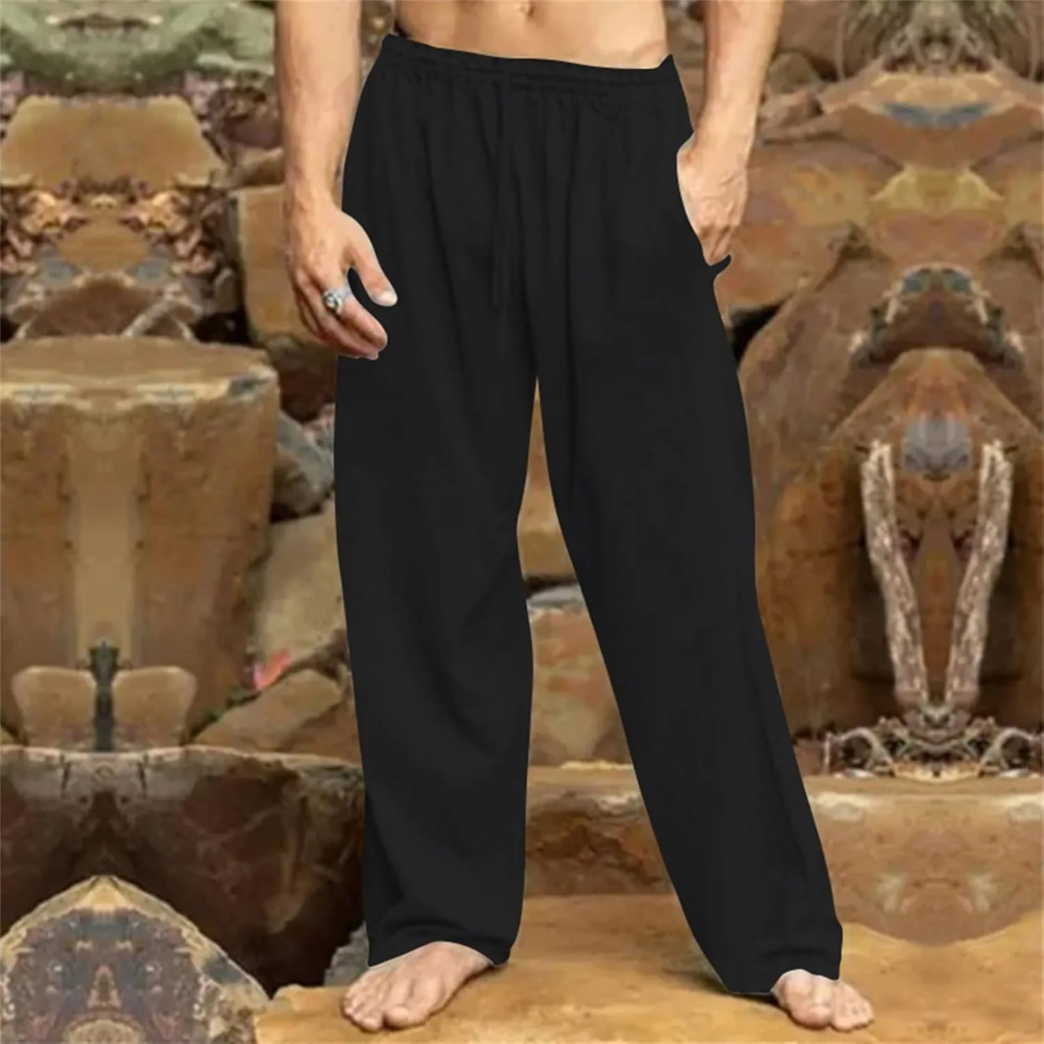 Mens Cotton Linen Drawstring Pants Lightweight Summer Casual Loose Yoga Jogger Pant Elastic Waist Wide Leg Sweatpants