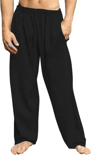 Mens Cotton Linen Drawstring Pants Lightweight Summer Casual Loose Yoga Jogger Pant Elastic Waist Wide Leg Sweatpants