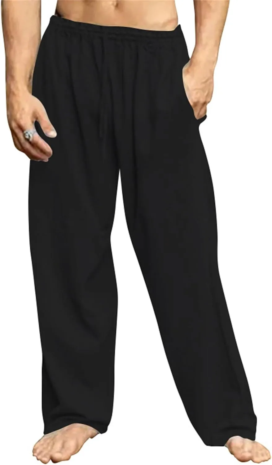 Mens Cotton Linen Drawstring Pants Lightweight Summer Casual Loose Yoga Jogger Pant Elastic Waist Wide Leg Sweatpants