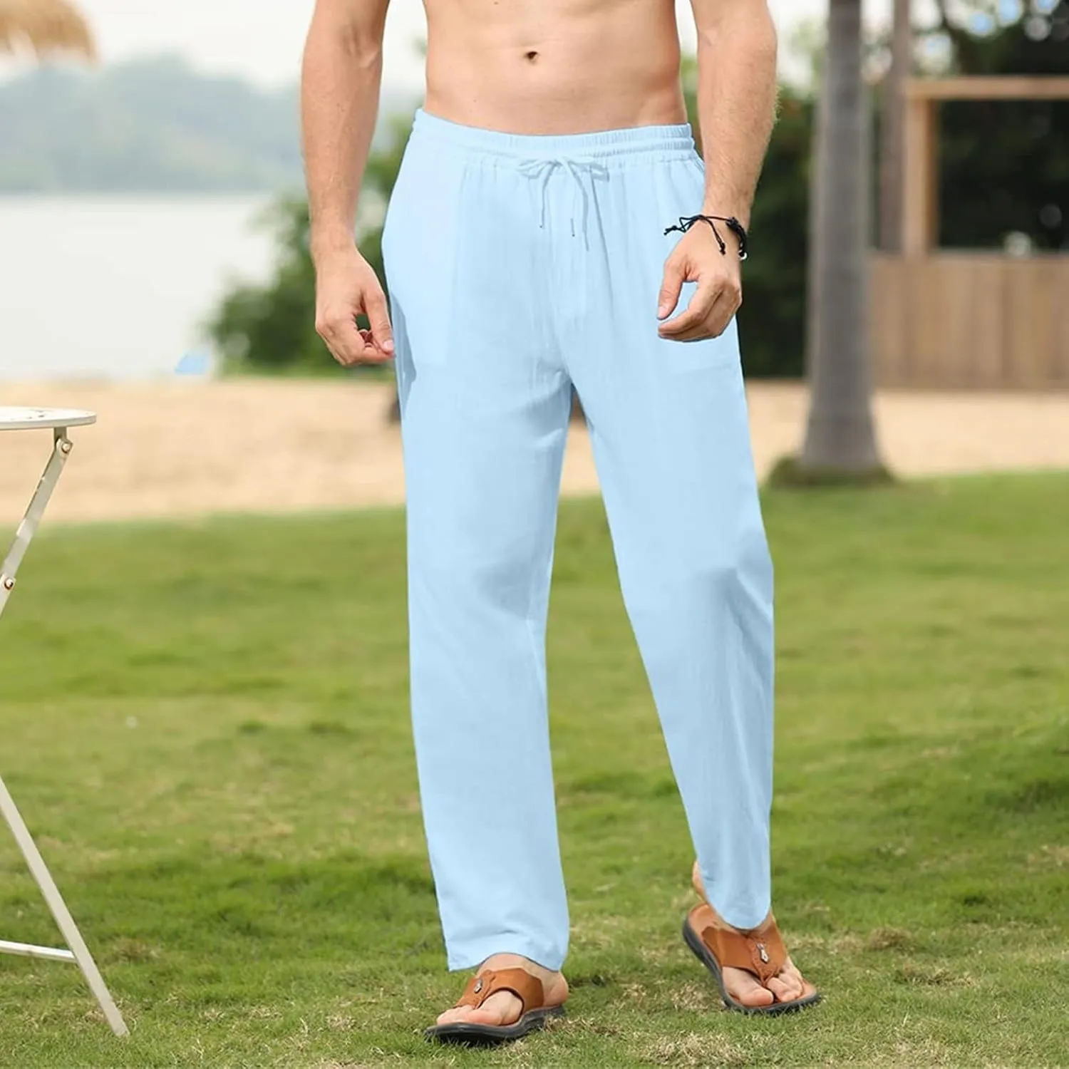 Mens Cotton Linen Pants Casual Slim Fit Solid Straight Joggers Trousers Fashion Lightweight Yoga Summer Beach Pants