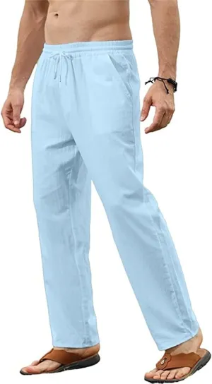 Mens Cotton Linen Pants Casual Slim Fit Solid Straight Joggers Trousers Fashion Lightweight Yoga Summer Beach Pants