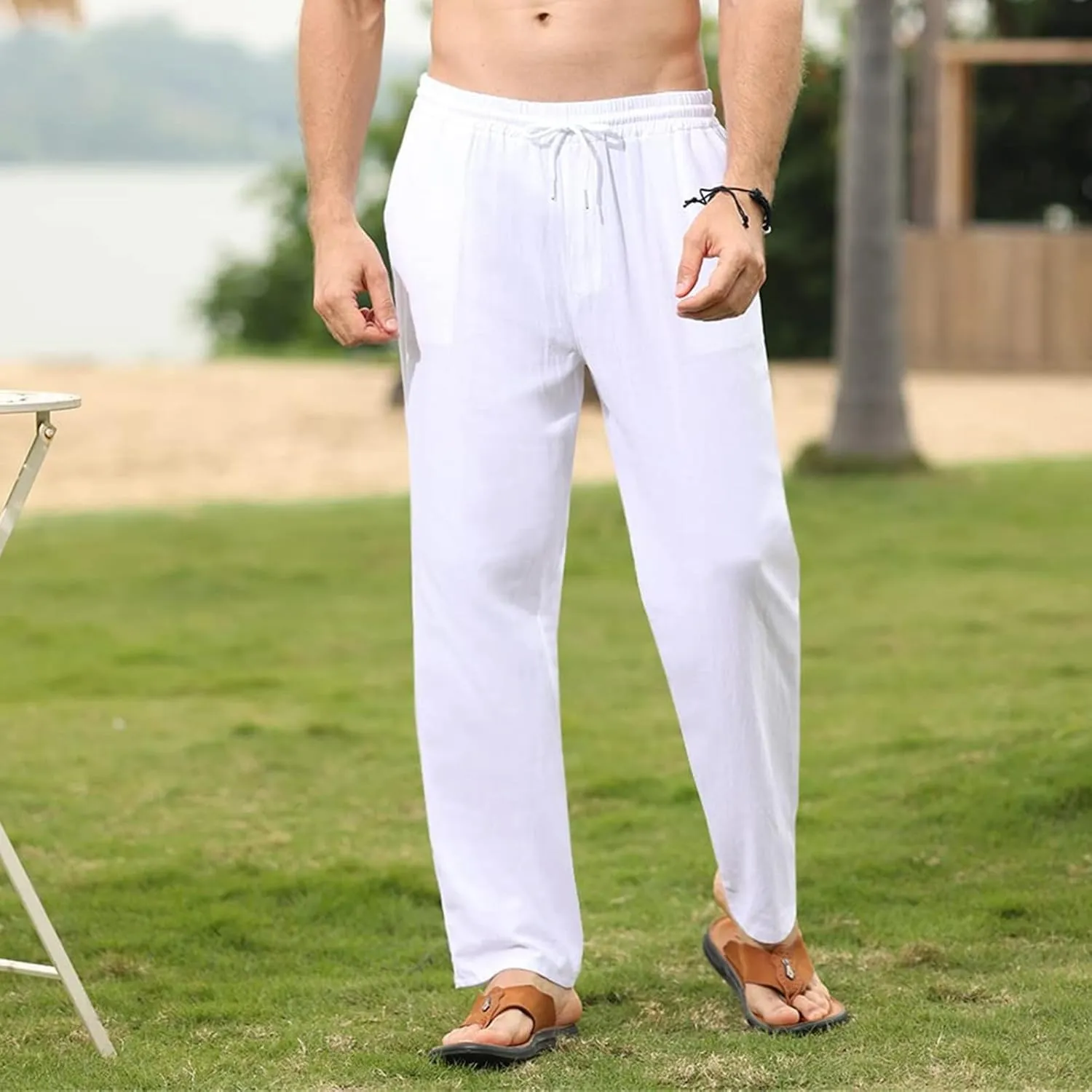 Mens Cotton Linen Pants Casual Slim Fit Solid Straight Joggers Trousers Fashion Lightweight Yoga Summer Beach Pants