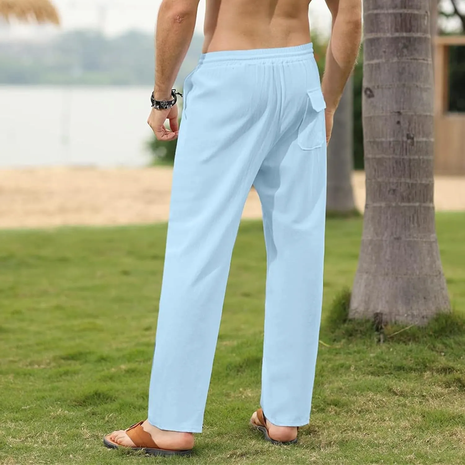 Mens Cotton Linen Pants Casual Slim Fit Solid Straight Joggers Trousers Fashion Lightweight Yoga Summer Beach Pants