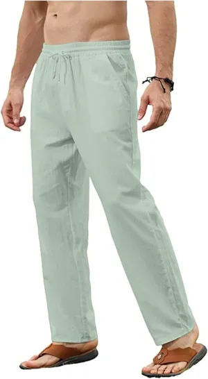 Mens Cotton Linen Pants Casual Slim Fit Solid Straight Joggers Trousers Fashion Lightweight Yoga Summer Beach Pants