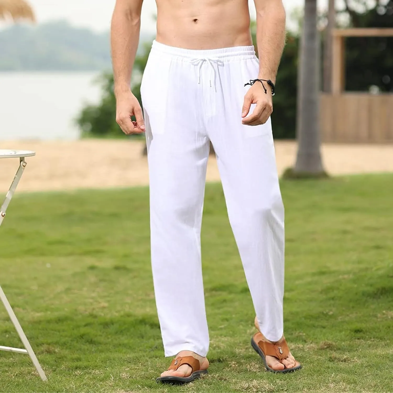 Mens Cotton Linen Pants Casual Slim Fit Solid Straight Joggers Trousers Fashion Lightweight Yoga Summer Beach Pants