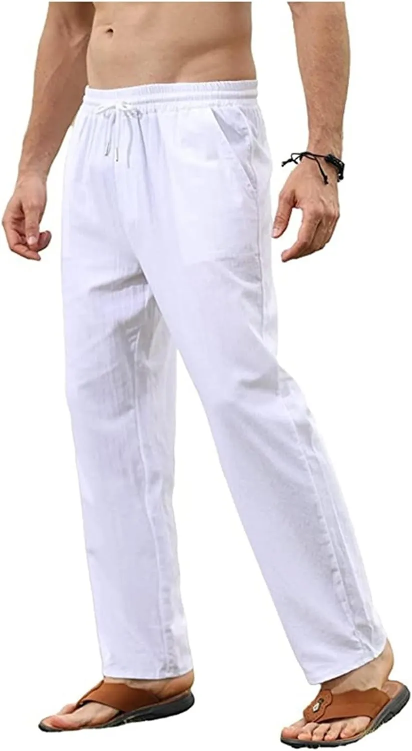 Mens Cotton Linen Pants Casual Slim Fit Solid Straight Joggers Trousers Fashion Lightweight Yoga Summer Beach Pants