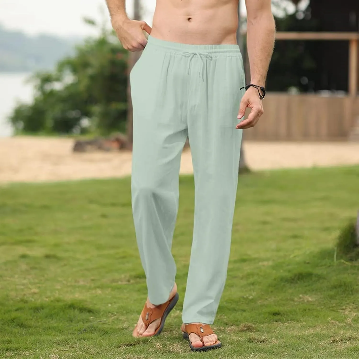 Mens Cotton Linen Pants Casual Slim Fit Solid Straight Joggers Trousers Fashion Lightweight Yoga Summer Beach Pants