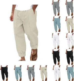 Men's Cotton Linen Pants Elastic Waist Drawstring Straight Leg Pants Casual Summer Lightweight Yoga Beach Trousers