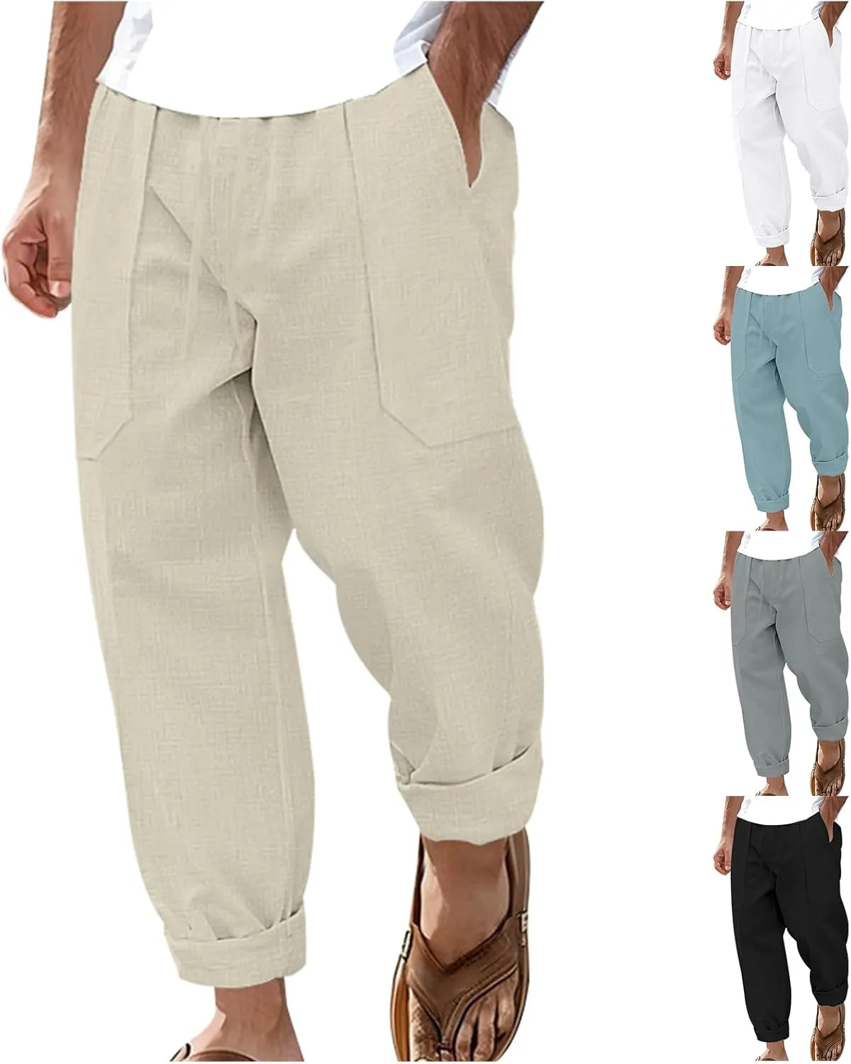 Men's Cotton Linen Pants Elastic Waist Drawstring Straight Leg Pants Casual Summer Lightweight Yoga Beach Trousers