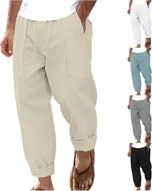Men's Cotton Linen Pants Elastic Waist Drawstring Straight Leg Pants Casual Summer Lightweight Yoga Beach Trousers