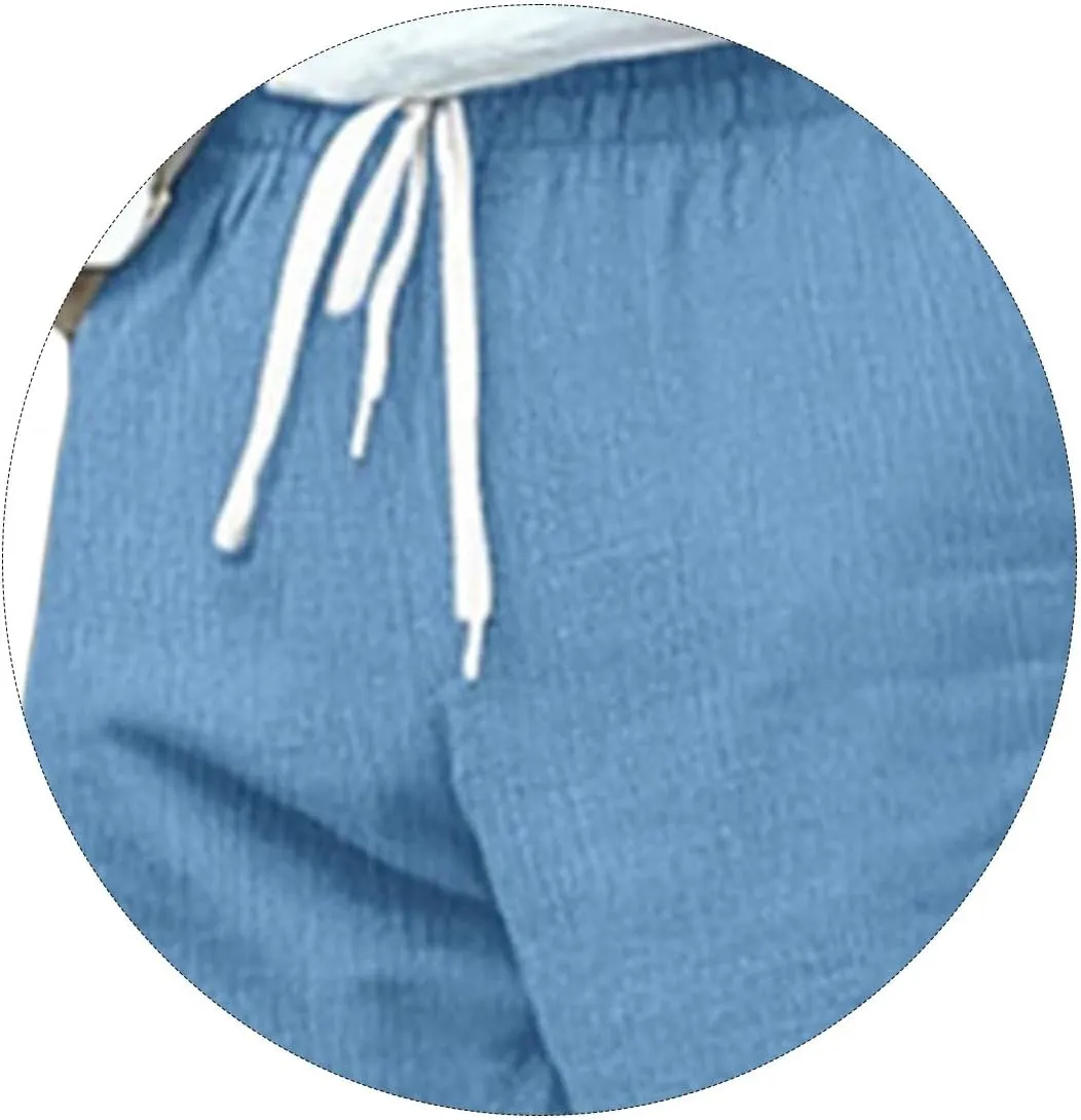 Mens Drawstring Elastic Waist Pants Cotton Linen Tapered Pants Lounge Lightweight Jogger Summer Beach Yoga Sweat Pant