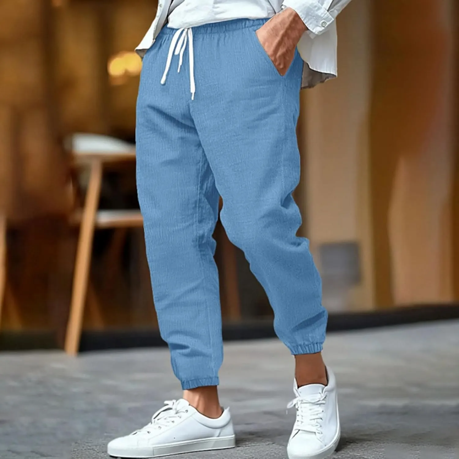 Mens Drawstring Elastic Waist Pants Cotton Linen Tapered Pants Lounge Lightweight Jogger Summer Beach Yoga Sweat Pant