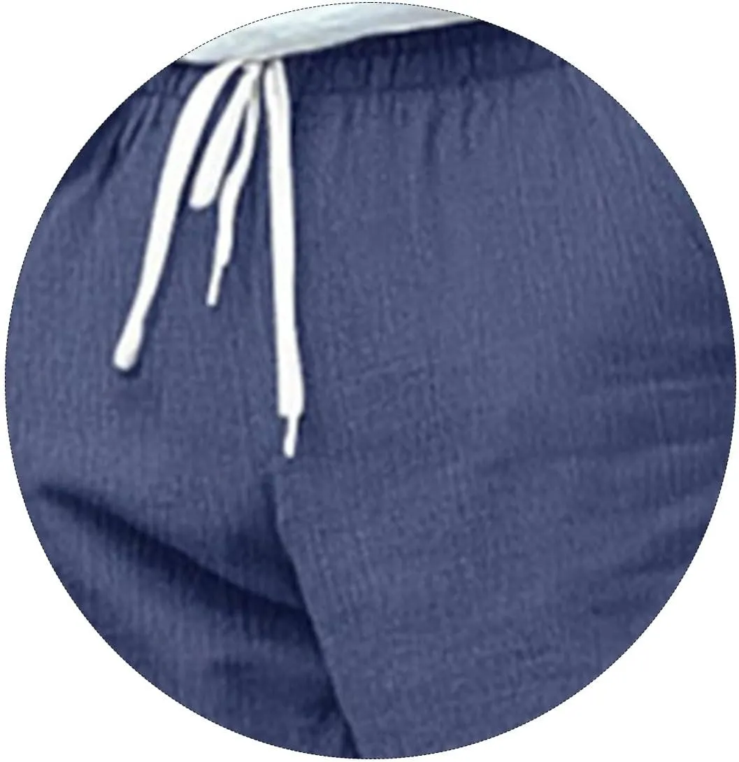 Mens Drawstring Elastic Waist Pants Cotton Linen Tapered Pants Lounge Lightweight Jogger Summer Beach Yoga Sweat Pant