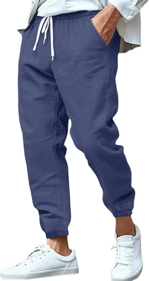 Mens Drawstring Elastic Waist Pants Cotton Linen Tapered Pants Lounge Lightweight Jogger Summer Beach Yoga Sweat Pant