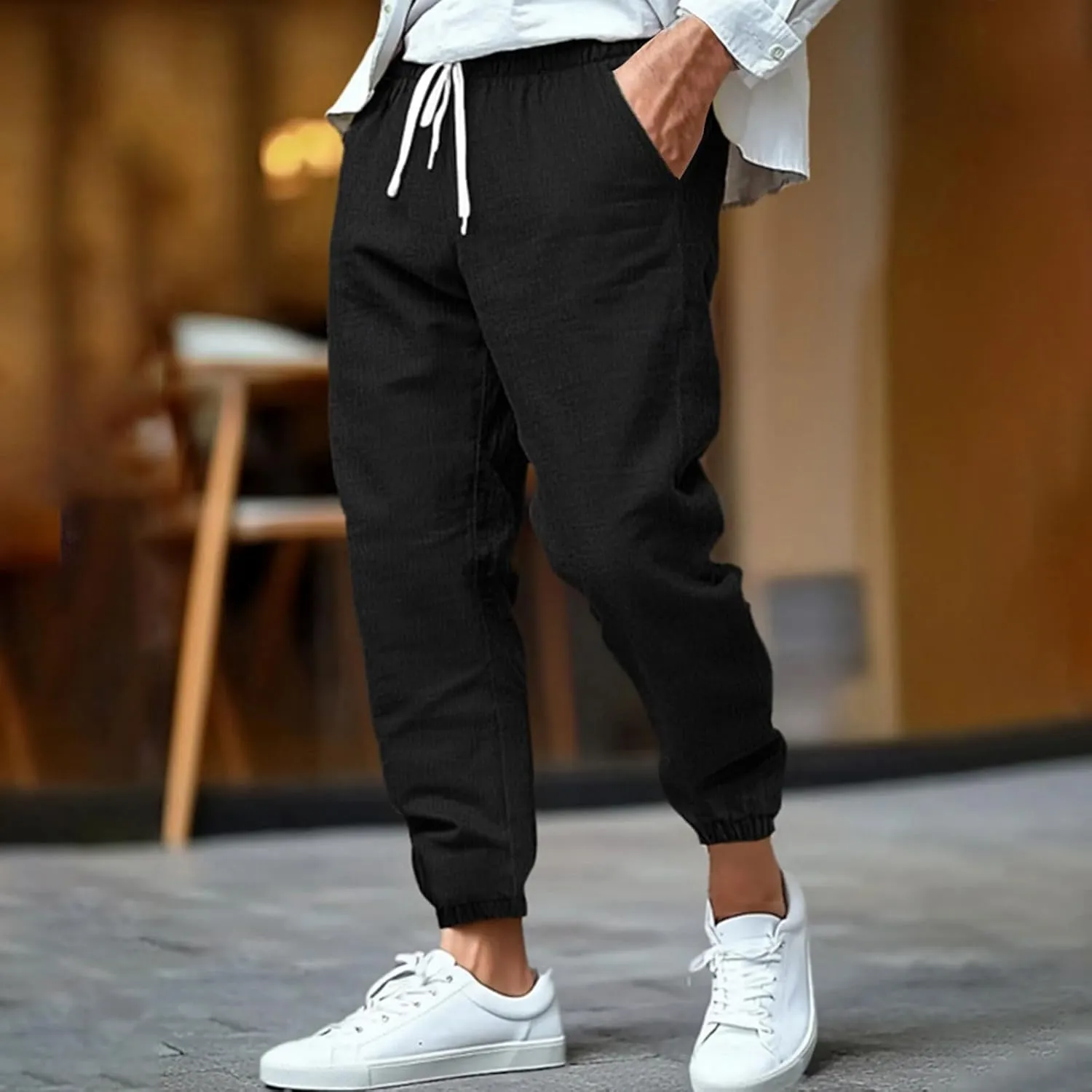 Mens Drawstring Elastic Waist Pants Cotton Linen Tapered Pants Lounge Lightweight Jogger Summer Beach Yoga Sweat Pant