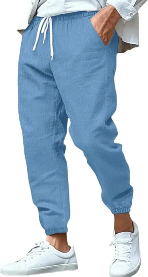 Mens Drawstring Elastic Waist Pants Cotton Linen Tapered Pants Lounge Lightweight Jogger Summer Beach Yoga Sweat Pant