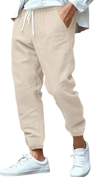 Mens Drawstring Elastic Waist Pants Cotton Linen Tapered Pants Lounge Lightweight Jogger Summer Beach Yoga Sweat Pant