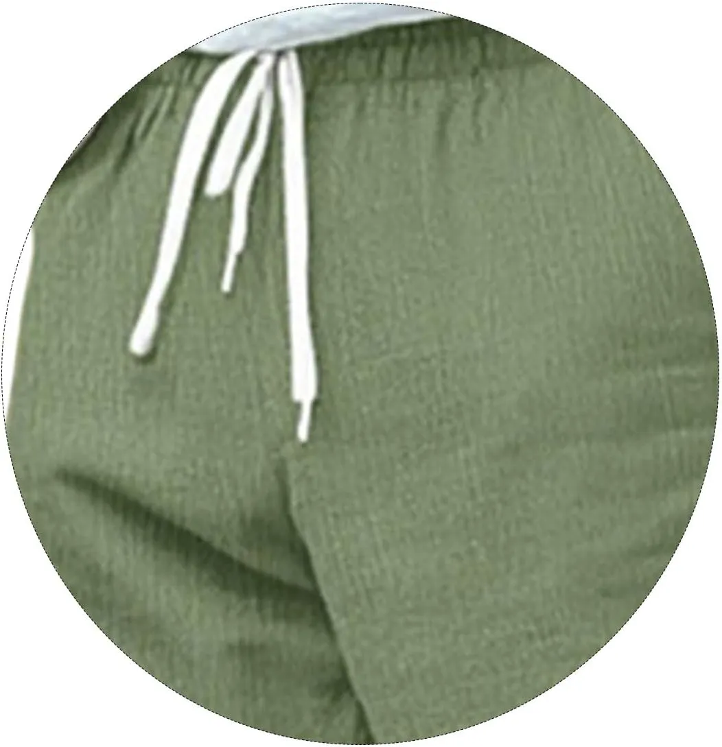 Mens Drawstring Elastic Waist Pants Cotton Linen Tapered Pants Lounge Lightweight Jogger Summer Beach Yoga Sweat Pant