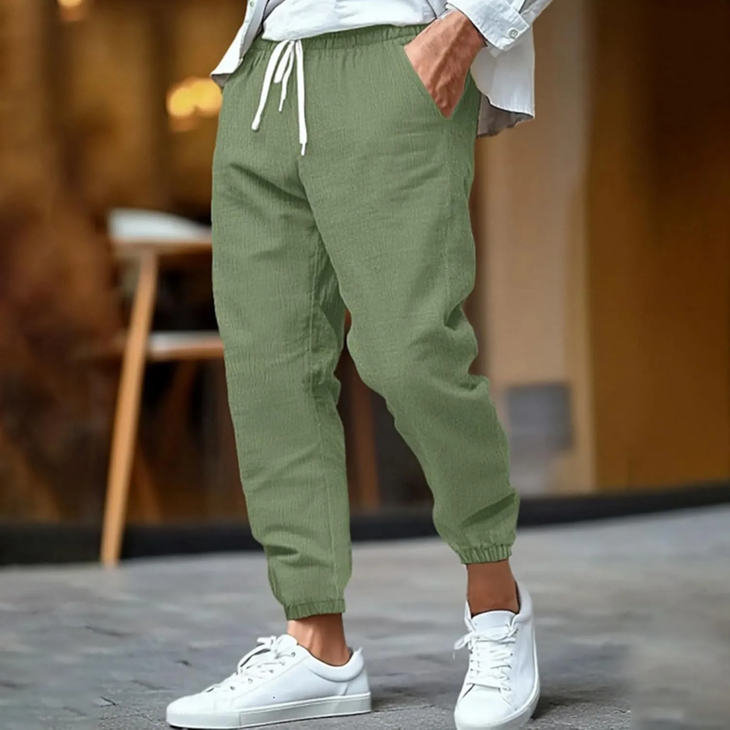 Mens Drawstring Elastic Waist Pants Cotton Linen Tapered Pants Lounge Lightweight Jogger Summer Beach Yoga Sweat Pant